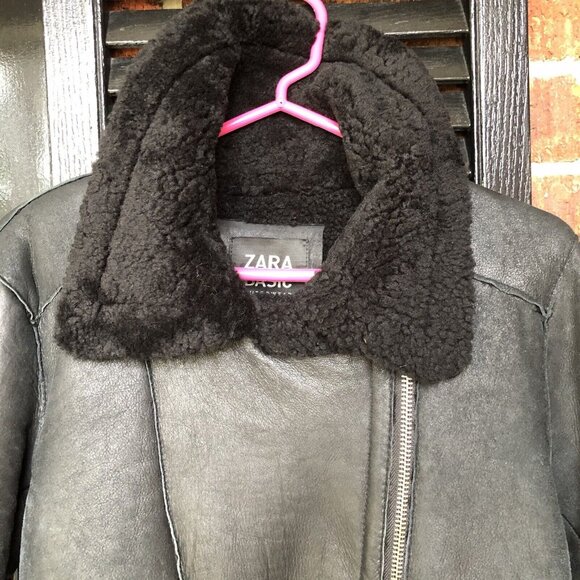 Zara Woman’s Coat M Bomber RAF Black Aviator Fur Shearling Real Leather Jacket - Picture 10 of 15